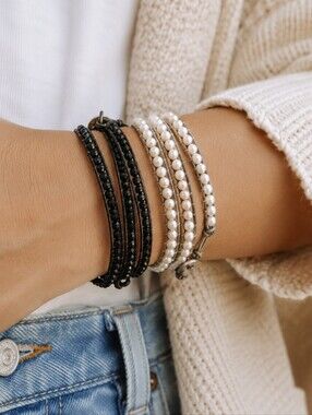 Authentic Victoria Emerson Pearl & Black Crystal Wrap Bracelet Bundle